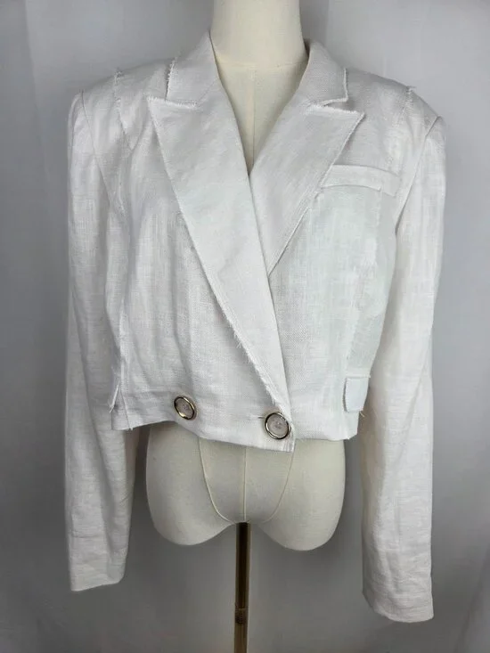 Ramy Brook Emmeline Jacket White Cropped Blazer Gold Buttons Linen Blend Sz 14 - Picture 8 of 13